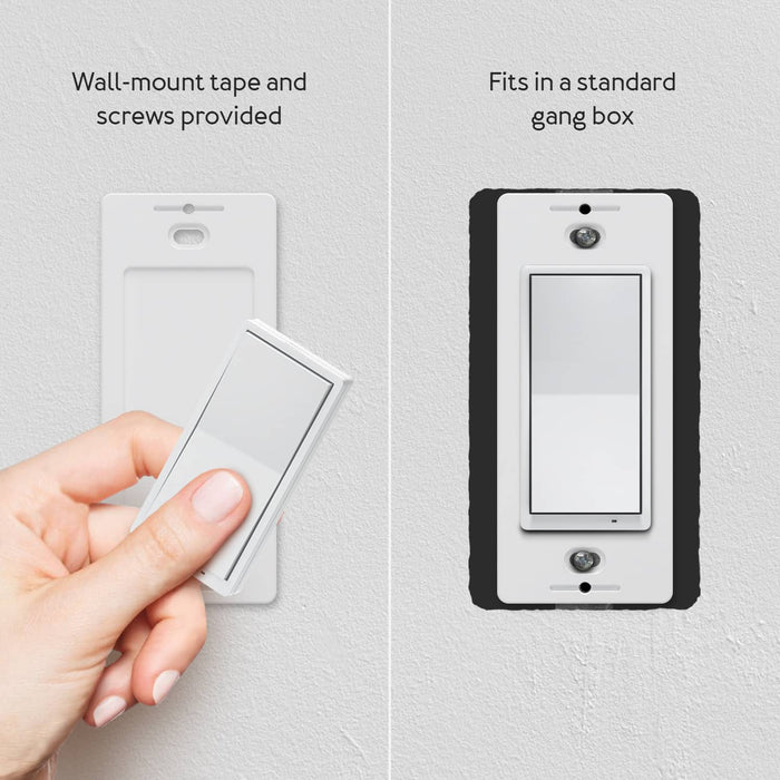 Install switch with sticky tape, screws, on a wall, or install within a gang box.